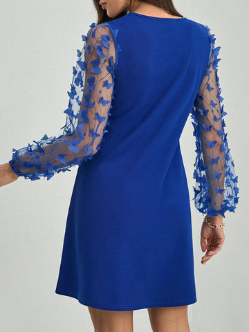 Women's Round Neck Long Sleeve Butterfly Design Fashion Elegant Elegant Charming Dress