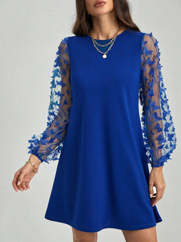 Women's Round Neck Long Sleeve Butterfly Design Fashion Elegant Elegant Charming Dress