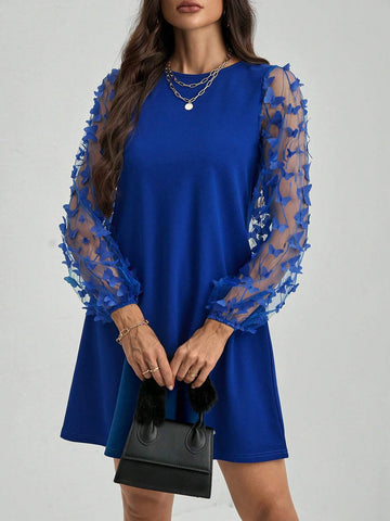 Women's Round Neck Long Sleeve Butterfly Design Fashion Elegant Elegant Charming Dress