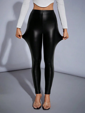 Tall Women's Slim Fit Stretch PU Leather Black Leggings