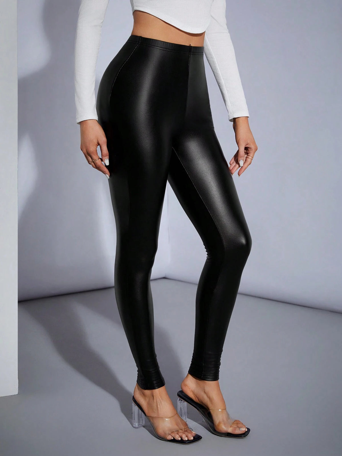 Tall Women's Slim Fit Stretch PU Leather Black Leggings