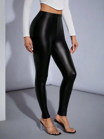 Tall Women's Slim Fit Stretch PU Leather Black Leggings