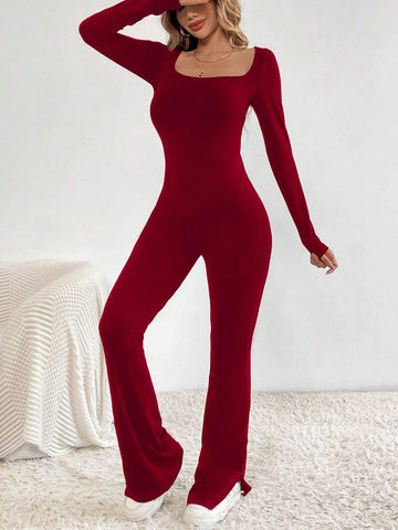 Solid Color Square Neckline Simple Flared Pants Jumpsuit