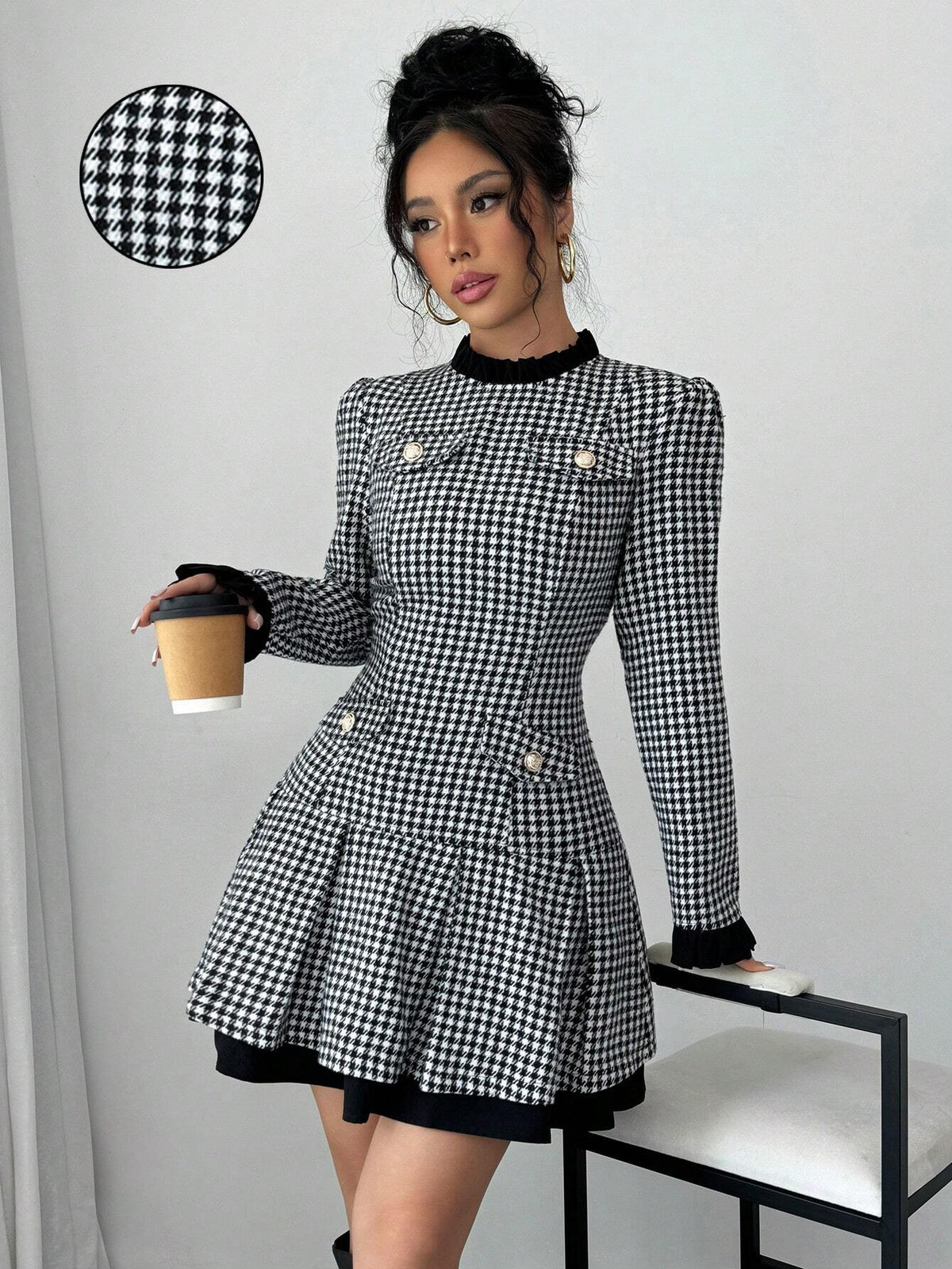 Women's Solid Color Patchwork Button Long Sleeve Pocket Mini Elegant Dress