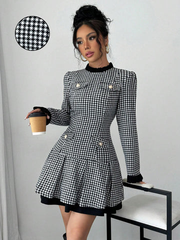 Women's Solid Color Patchwork Button Long Sleeve Pocket Mini Elegant Dress