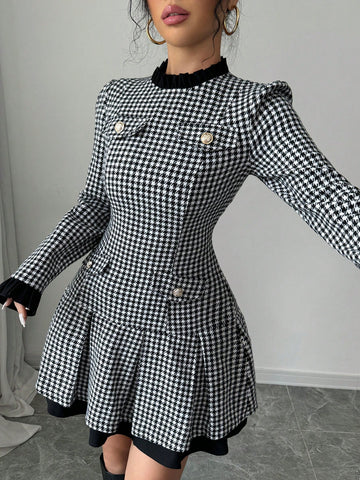 Women's Solid Color Patchwork Button Long Sleeve Pocket Mini Elegant Dress