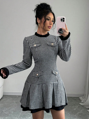 Women's Solid Color Patchwork Button Long Sleeve Pocket Mini Elegant Dress