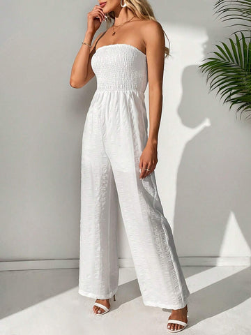 Women's Solid Color Shirred Tube Jumpsuit