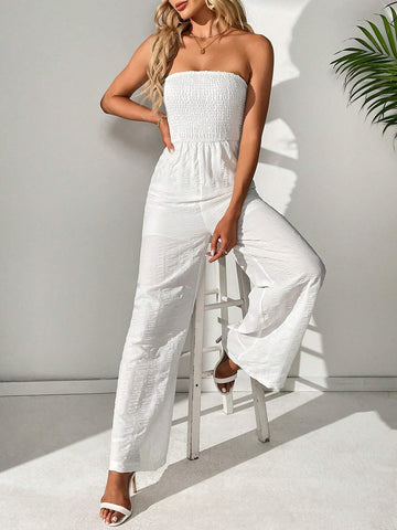 Women's Solid Color Shirred Tube Jumpsuit
