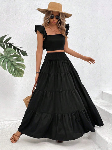 Women's Solid Crop Top And Flared Midi Skirt Two Piece Set