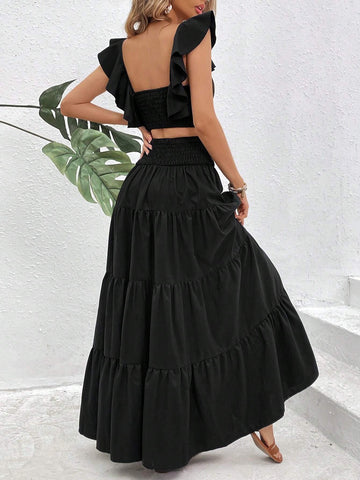 Women's Solid Crop Top And Flared Midi Skirt Two Piece Set