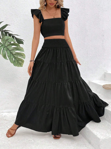 Women's Solid Crop Top And Flared Midi Skirt Two Piece Set