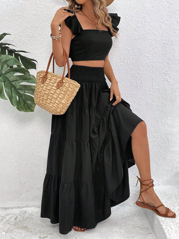 Women's Solid Crop Top And Flared Midi Skirt Two Piece Set