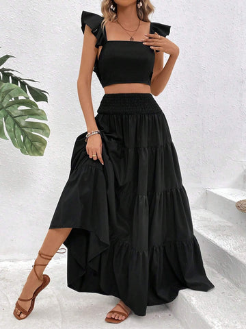 Women's Solid Crop Top And Flared Midi Skirt Two Piece Set