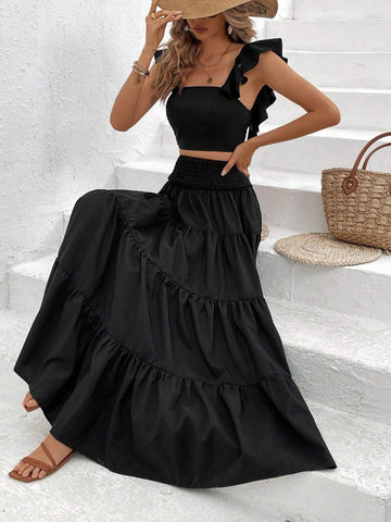 Women's Solid Crop Top And Flared Midi Skirt Two Piece Set