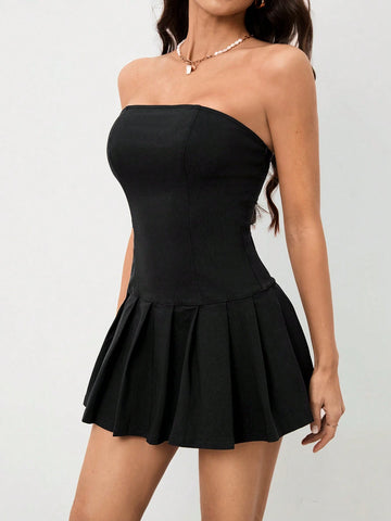 Women's Strapless Solid Color Pleated Simple Dress For Spring And Summer