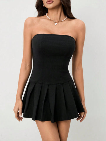 Women's Strapless Solid Color Pleated Simple Dress For Spring And Summer