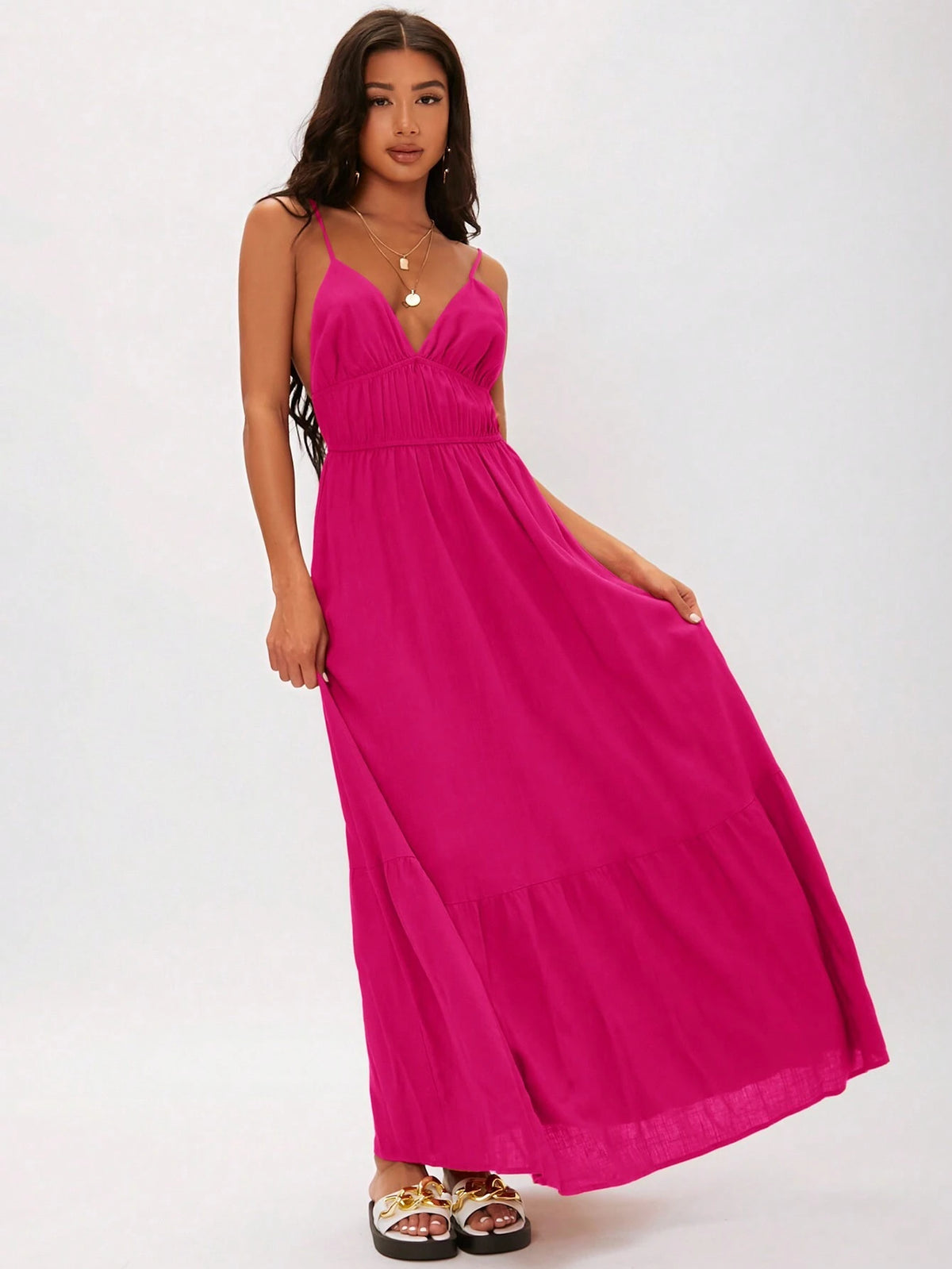 Women's Summer Solid Color Pleated Ruffle Hem Spaghetti Strap Dress