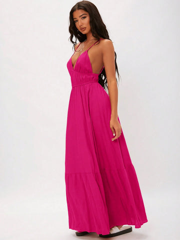 Women's Summer Solid Color Pleated Ruffle Hem Spaghetti Strap Dress