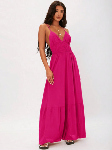 Women's Summer Solid Color Pleated Ruffle Hem Spaghetti Strap Dress
