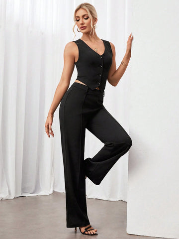 Women's Summer Solid Color Single-Breasted Vest And Pants Daily Commute 2-Piece Set