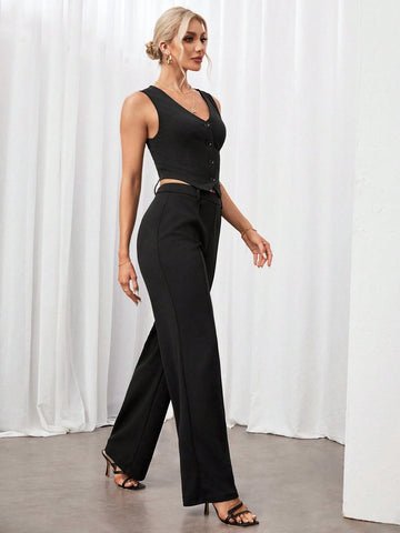 Women's Summer Solid Color Single-Breasted Vest And Pants Daily Commute 2-Piece Set