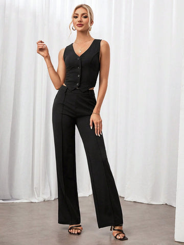 Women's Summer Solid Color Single-Breasted Vest And Pants Daily Commute 2-Piece Set