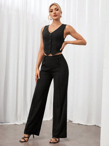 Women's Summer Solid Color Single-Breasted Vest And Pants Daily Commute 2-Piece Set