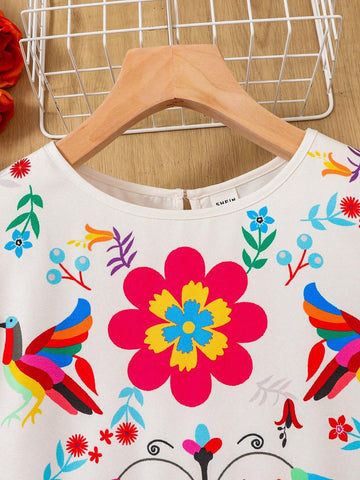 Teen Girl's Woven Floral Printed Casual A-Line Dress With Flutter Sleeves