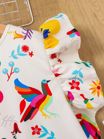 Teen Girl's Woven Floral Printed Casual A-Line Dress With Flutter Sleeves