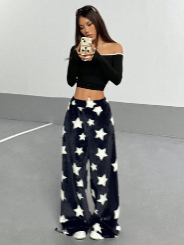 Thick Star & Bunny Printed Casual Sweatpants With Adjustable Hem (Random Cut)