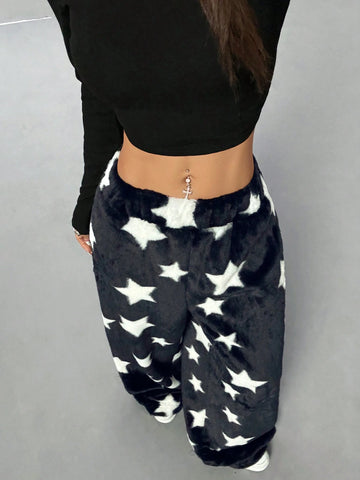 Thick Star & Bunny Printed Casual Sweatpants With Adjustable Hem (Random Cut)