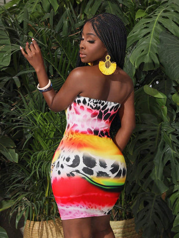 Printed Splicing Slim Fit Strapless Dress