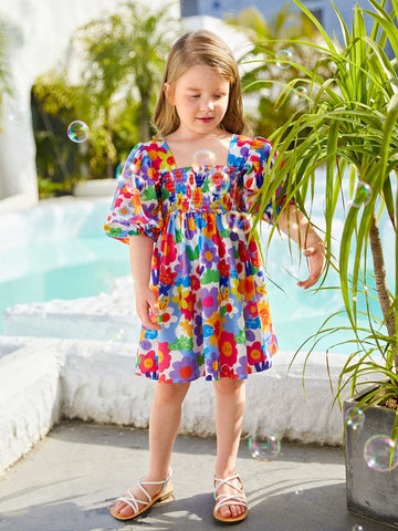 Toddler Girls 1pc Floral Print Puff Sleeve Dress