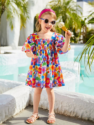 Toddler Girls 1pc Floral Print Puff Sleeve Dress
