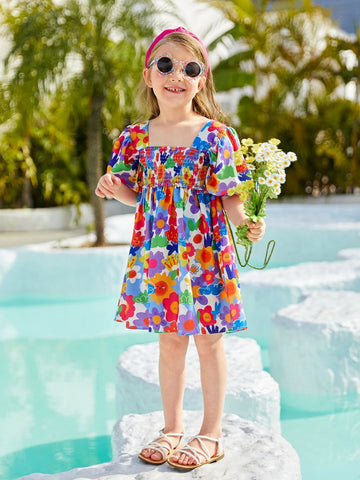 Toddler Girls 1pc Floral Print Puff Sleeve Dress