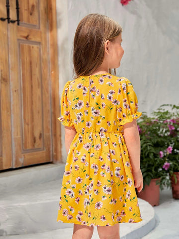 Toddler Girls 1pc Floral Print Puff Sleeve Ruffle Hem Dress