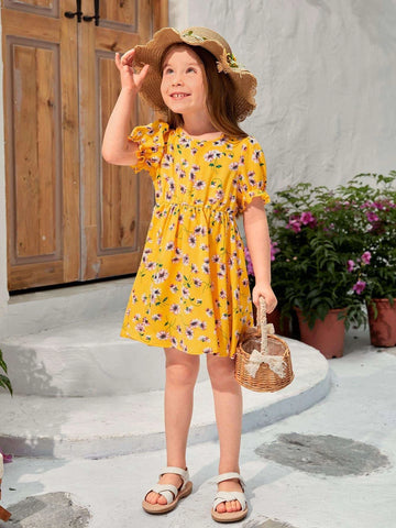 Toddler Girls 1pc Floral Print Puff Sleeve Ruffle Hem Dress
