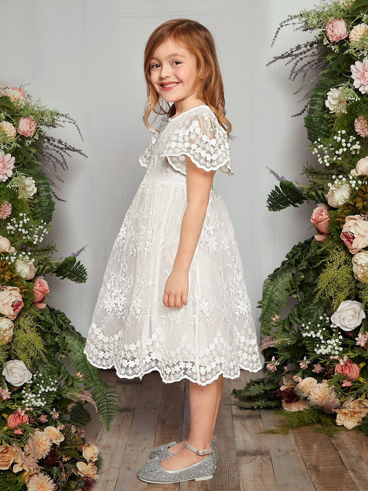 Toddler Girls 1pc Scallop Trim Embroidery Mesh Overlay Dress