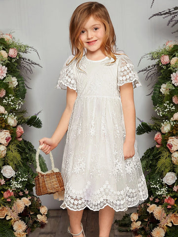 Toddler Girls 1pc Scallop Trim Embroidery Mesh Overlay Dress