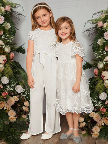 Toddler Girls 1pc Scallop Trim Embroidery Mesh Overlay Dress