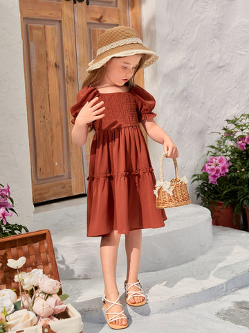 Toddler Girls 1pc Square Neck Puff Sleeve Ruffle Hem Dress