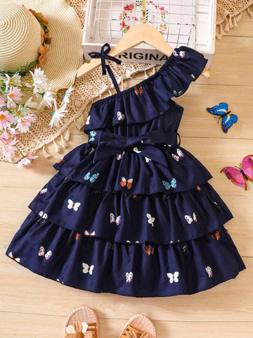 Toddler Girls Butterfly Print Asymmetrical Neck Layer Hem Dress