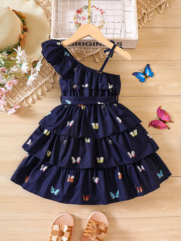 Toddler Girls Butterfly Print Asymmetrical Neck Layer Hem Dress