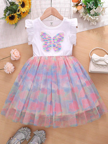 Toddler Girls Butterfly Print Ruffle Trim Mesh Overlay Dress