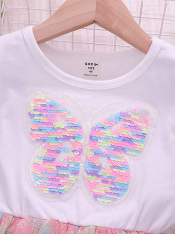 Toddler Girls Butterfly Print Ruffle Trim Mesh Overlay Dress