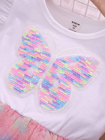 Toddler Girls Butterfly Print Ruffle Trim Mesh Overlay Dress
