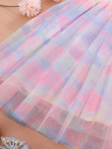 Toddler Girls Butterfly Print Ruffle Trim Mesh Overlay Dress