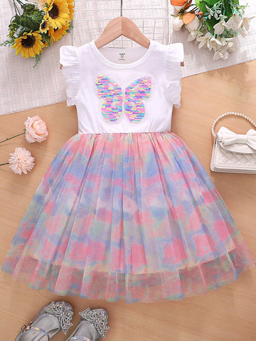 Toddler Girls Butterfly Print Ruffle Trim Mesh Overlay Dress