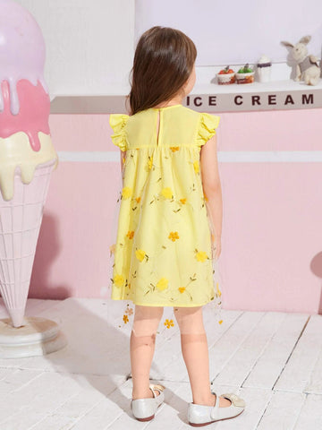 Toddler Girls Butterfly Sleeve Floral Embroidery Mesh Hem Dress